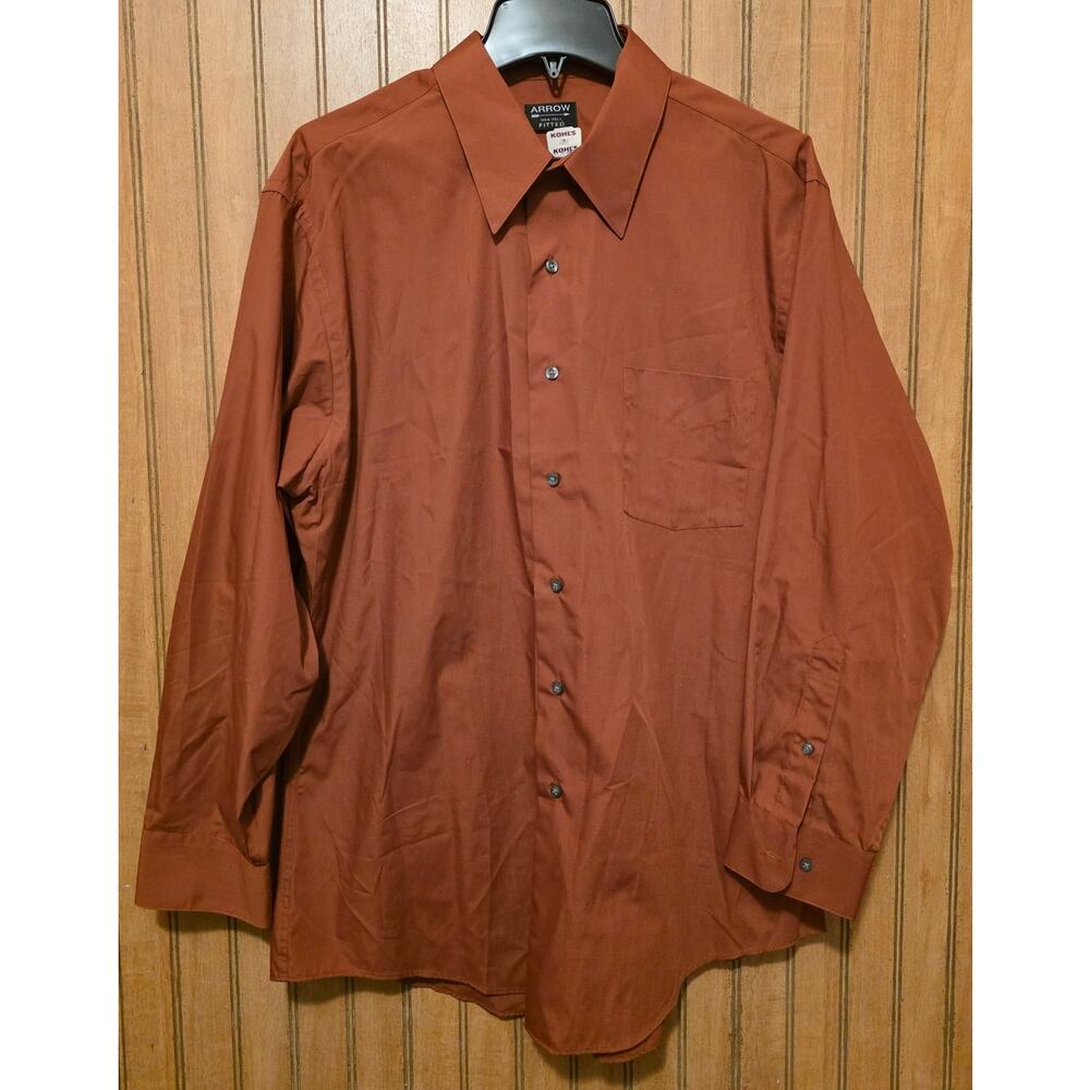 Arrow Fitted Button Up Shirt Men XL 17 32/33 Rust Long Sleeve Pocket New
